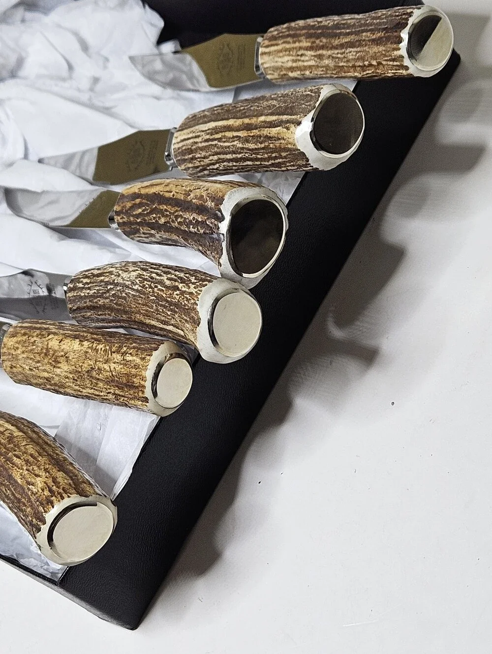 Six Sheffield Stag Antler Steak Knives High Country Arts Genuine Gold End NIB